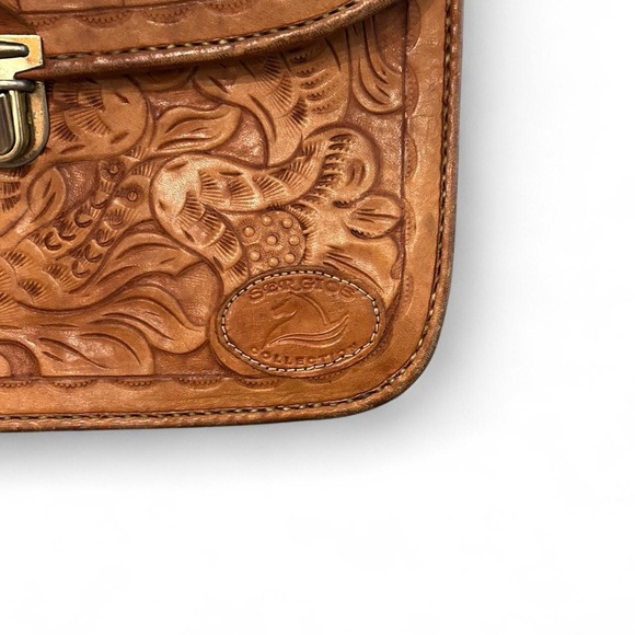 Sergio Collection Vintage 80s 90s Hand Tooled Leather Crossbody Briefcase Satche - Picture 2 of 14